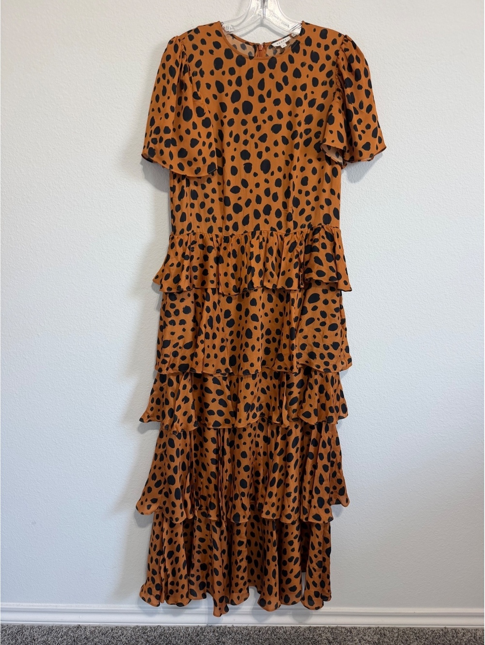 RHODE Short Sleeve Round Neck Animal Print Tiered Ruffled Maxi Dress Size M